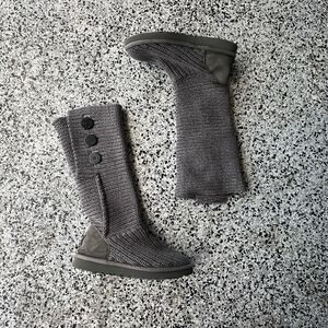 Ugg Lattice Cardy Tall Cable Knit Sweater Boots Womens 7 Gray Winter 5819 Button